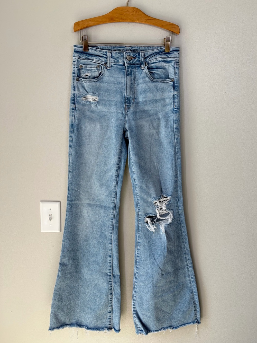 American Eagle Next Level Stretch Super High Rise Distressed Flare Jeans